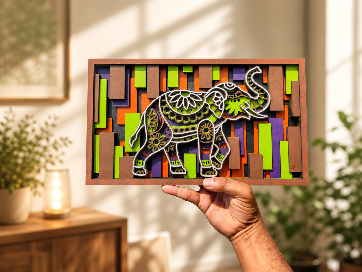 Handcrafted Multilayer Elephant Wall Art | 3D Wooden Home Decor Frame (13.5 x 8 inch)