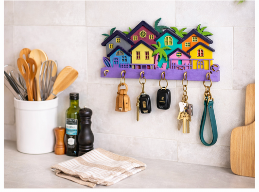 Colorful Beach House Wooden Key Holder Wall Mount – 6 Hooks | Handmade Decorative Key Rack for Home Entrance