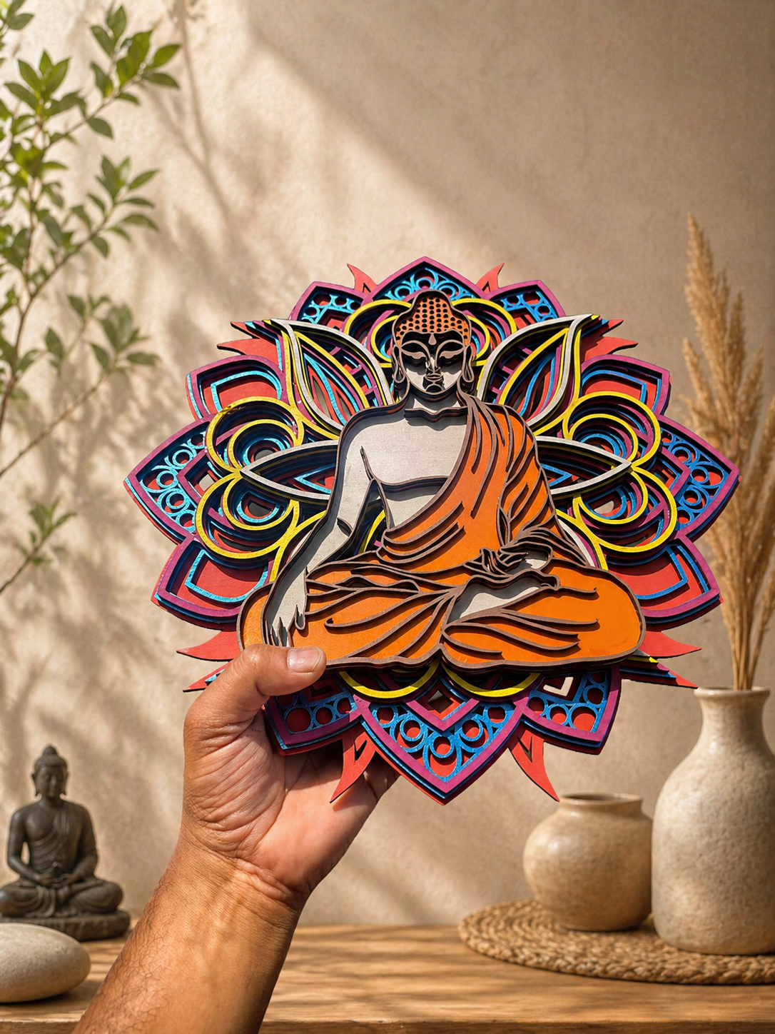 Multilayer Buddha Mandala Wooden Wall Art | Spiritual Meditation Home Decor | 14 x 14 Inch