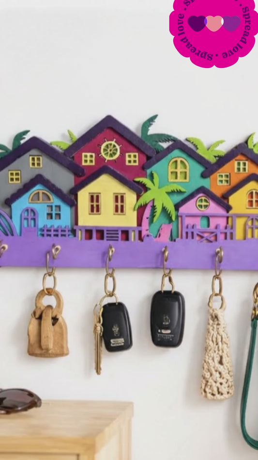 Colorful Beach House Wooden Key Holder Wall Mount – 6 Hooks | Handmade Decorative Key Rack for Home Entrance